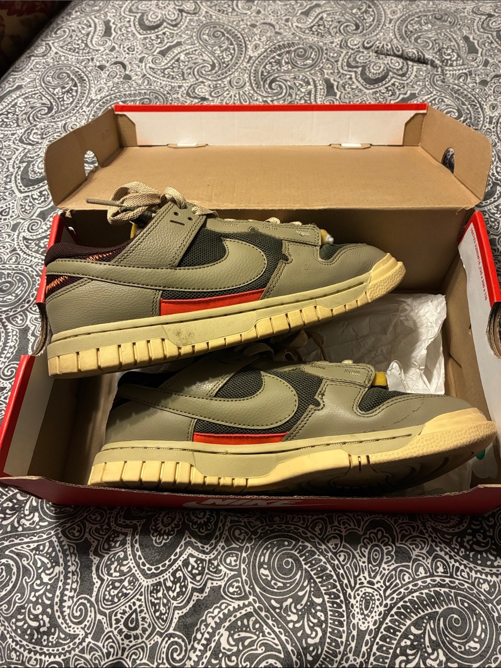 Nike Olive Green and Red Low-Top Athletic Sneakers